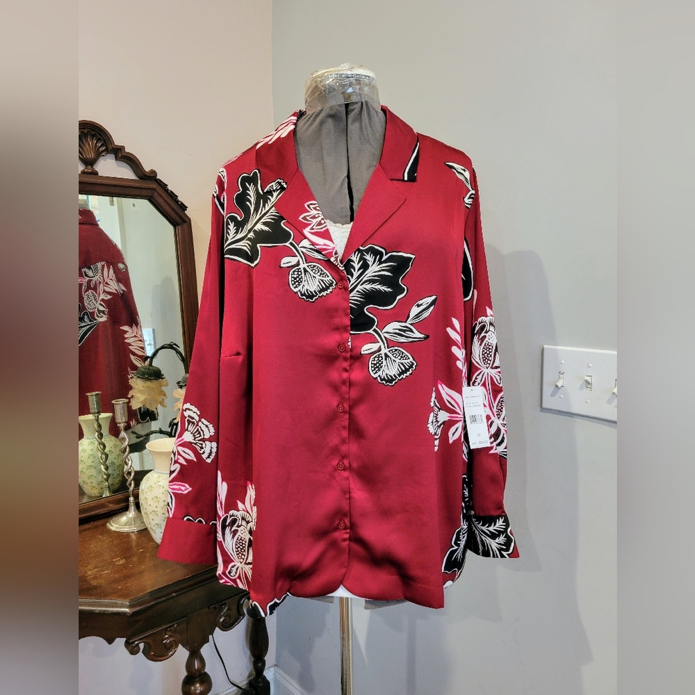 NWT 3X Rafaella Satin Floral Blouse